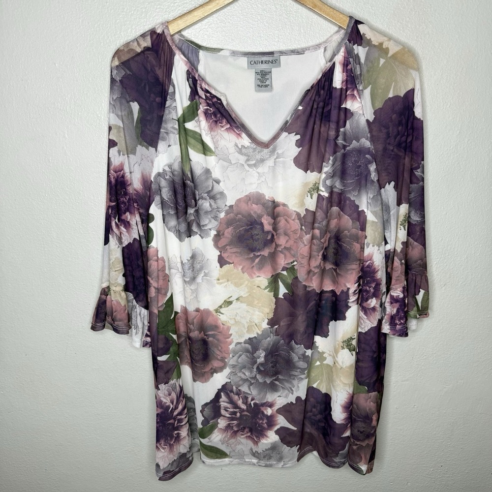 Catherine's Purple White Floral‎ Mesh Overlay Top Bell Sleeve Women's 0X/Large